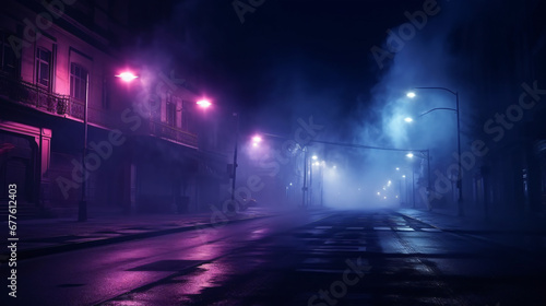 Neon light in a dark empty street with smoke smog © Rover
