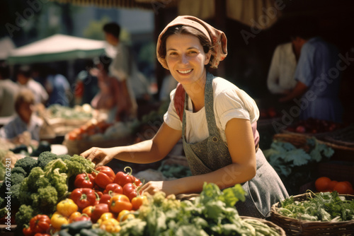 Young woman selling fruits and vegetables at the farmers market.