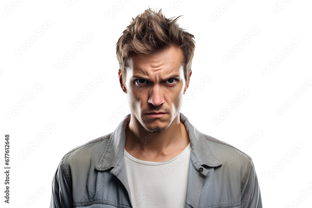 Sulking young adult Caucasian man, head and shoulders portrait on white background. Neural network generated photorealistic image. Sulking young adult Caucasian man, head and shoulders portrait on white background. Neural network generated photorealistic image.