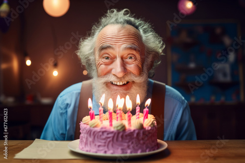 Cheerful senior man celebrating his birthday. Grandad looking at birthday cake with lit candles.
