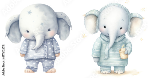 Group of chubby cute Elephants wearing pajamas. watercolor illustration. Isolated on transparent background photo