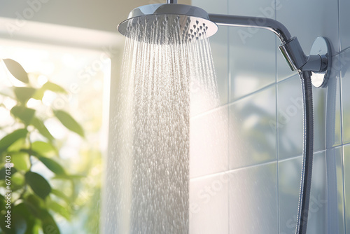 Water running from shower head and faucet in modern bathroom. photo