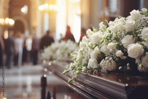 Coffin decorated with white flowers during funeral ceremony in church. photo