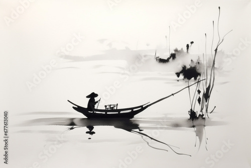 Japanische Tuschezeichnung einer meditativen Zen Landschaft mit Boot in schwarz weiß rot photo
