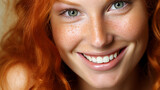 red-haired woman with bright smile and green eyes, close-up shot