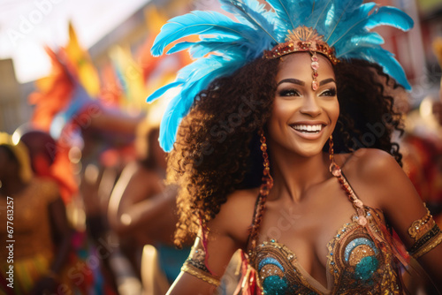 Latin woman dancing on the streets during carnival. Brazilian woman wearing costume celebrating carnival.