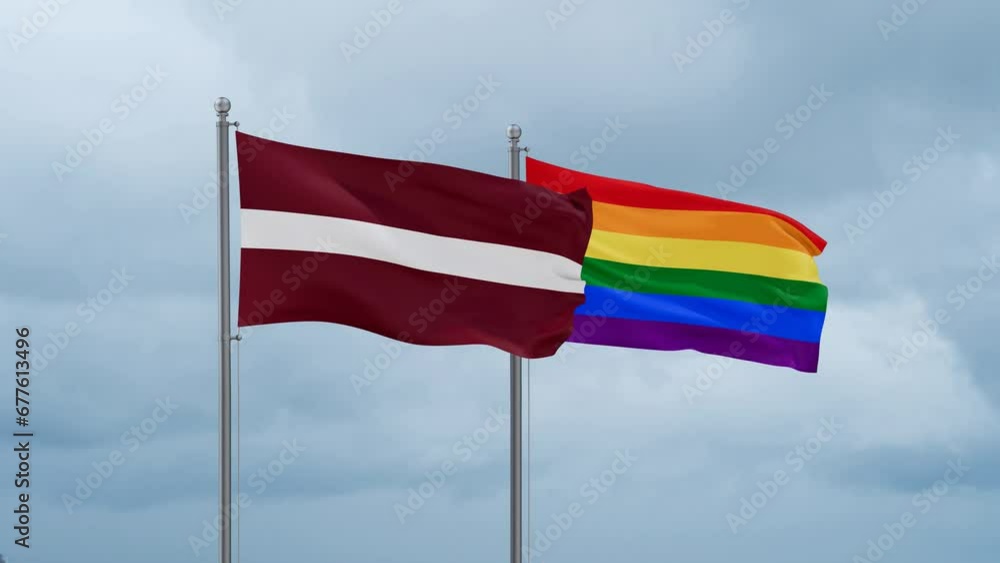 LGBT movement flag also Gay Pride and Latvia flag waving cycle looped video, tolerance conception in country LGBT movement flag also Gay Pride and Latvia flag waving cycle looped video, tolerance conception in country