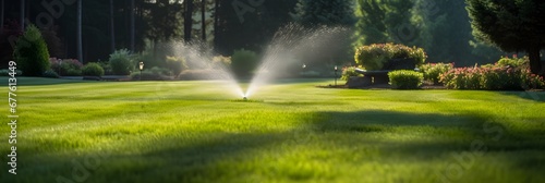 Automatic garden lawn sprinkler in action watering grass photo
