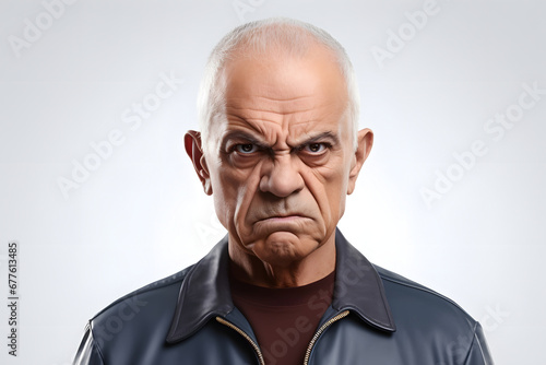 Sulking senior Latin American man, head and shoulders portrait on white background. Neural network generated photorealistic image