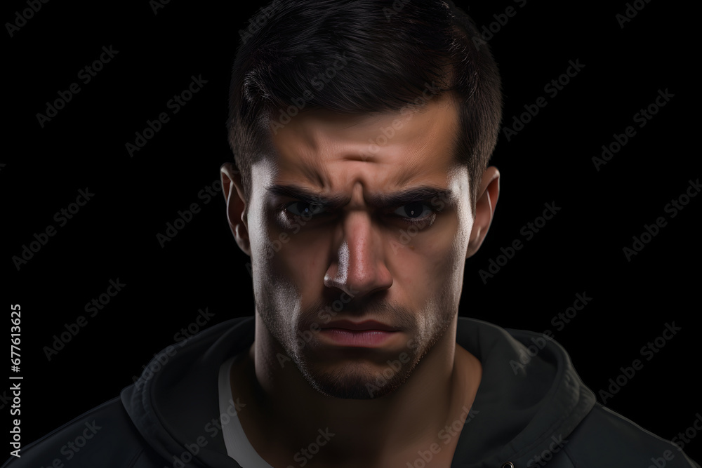 Sulking young adult Latin American man, head and shoulders portrait on black background. Neural network generated photorealistic image.