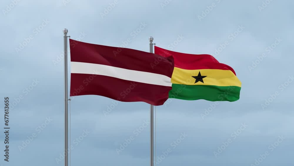 Ghana flag and Latvia flag waving together on cloudy sky, endless seamless loop, two country relations concept Ghana flag and Latvia flag waving together on cloudy sky, endless seamless loop, two country relations concept