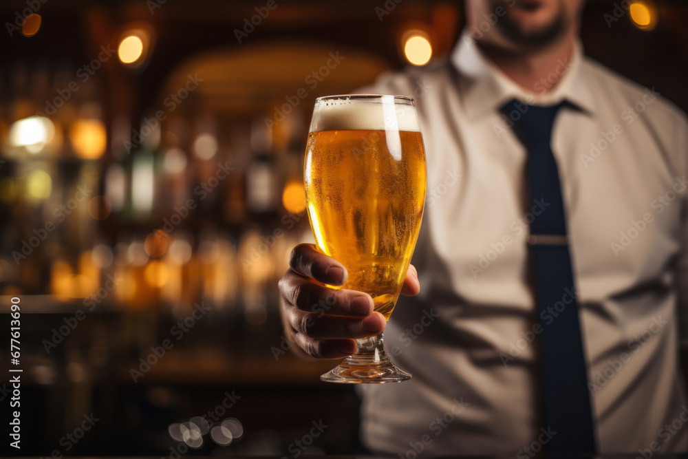 Handsome bartender serving a glass of fresh beer in traditional Dublin pub. Drinking alcoholic beverage. Saint Patrick's Day celebration.