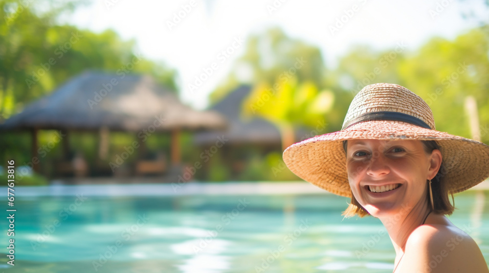 mature woman swimming in swimming pool, happy smiling and fun, good day, vacations. fictional location