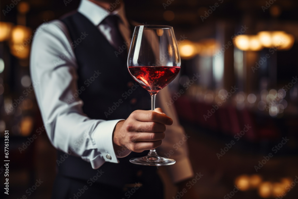 Waiter handing a glass of red wine in a restaurant. Alcoholic beverage served during a party night.