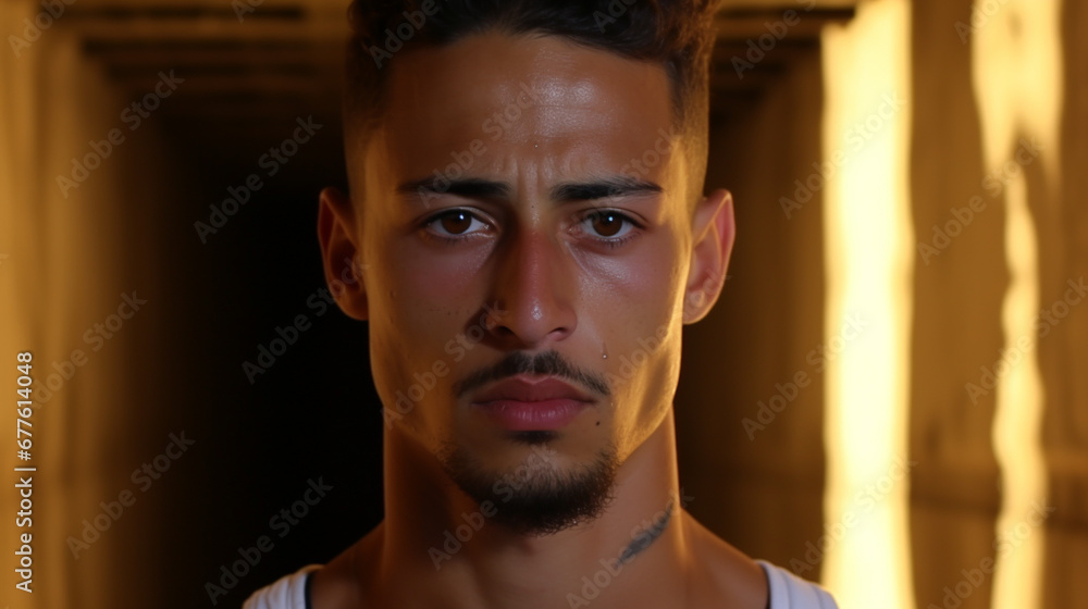 Sad and weary Hispanic man, neck tattoo, looks desolate and exhausted in a dimly lit room, expressing a downtrodden spirit. Sad and weary Hispanic man, neck tattoo, looks desolate and exhausted in a dimly lit room, expressing a downtrodden spirit.