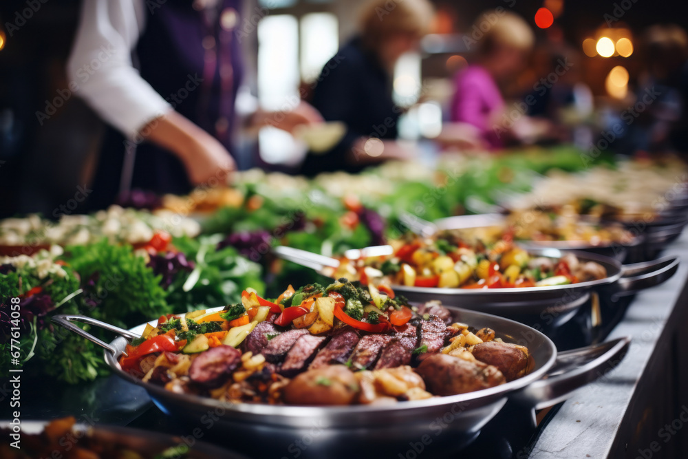 Obraz premium Different dishes in heated containers. Catering food during some fancy event, party or wedding reception.