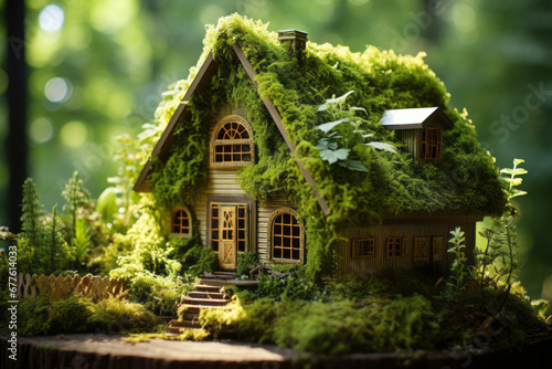 Miniature wooden house made of natural materials found in forest. Tiny eco cabin covered with moss on a backdrop on trees. Ecology concept.