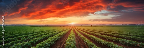 Green agriculture field with tomatoes and orange sunset in dramatic sky.