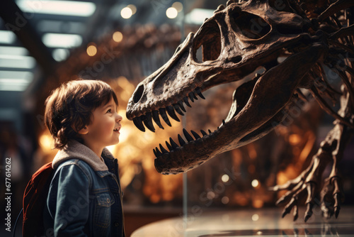 Child looking at the skeleton of an ancient dinosaur in the museum of paleontology. Little boy watching at dinosaur bones.