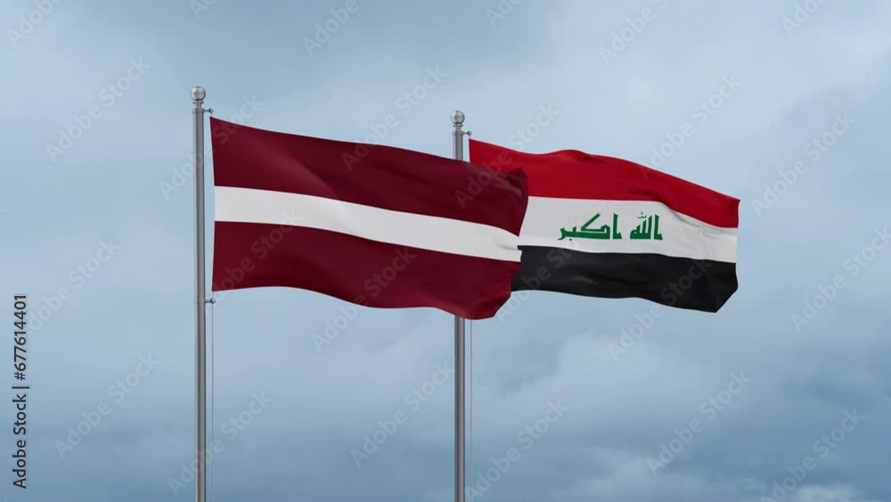 Iraq flag and Latvia flag waving together on blue sky, looped video Iraq flag and Latvia flag waving together on blue sky, looped video