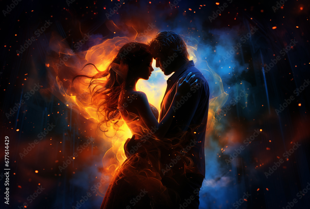 Silhouette of ethereal lovers amidst red and blue nebula-like hues.