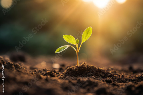 Young sprout growing from the rich soil to the morning sunlight. Ecology concept.