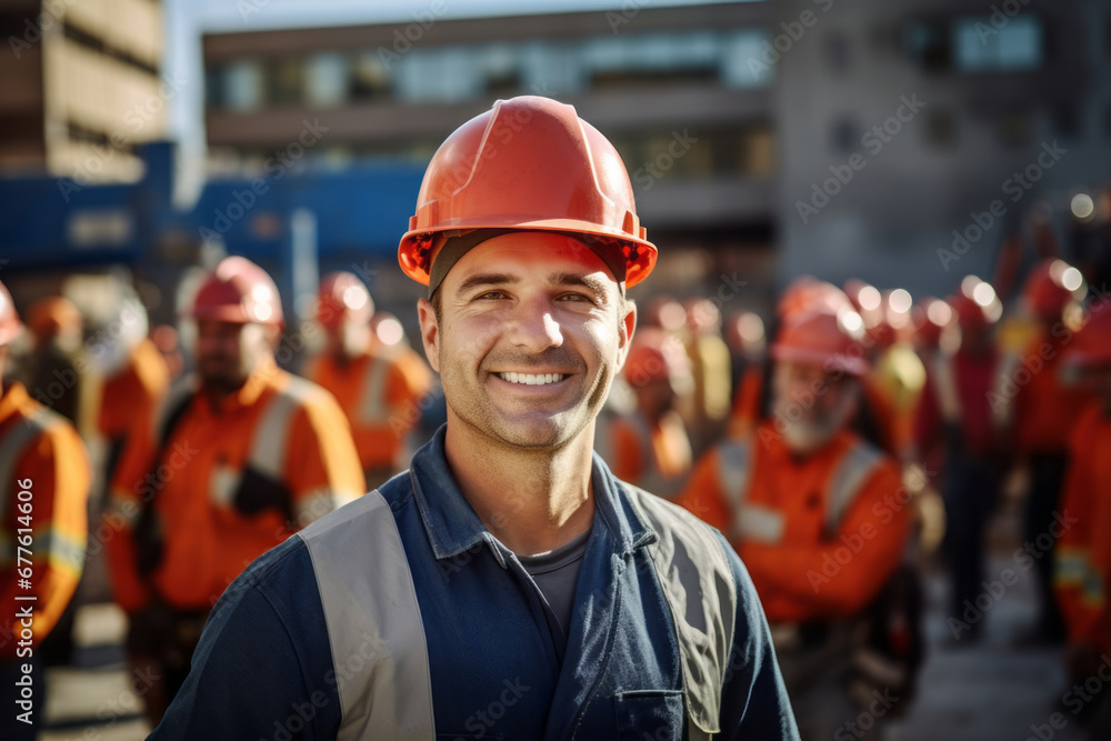 Construction workers wearing safety helmets and a uniform at construction site. Housebuilders in sturdy work outfit. Construction workers wearing safety helmets and a uniform at construction site. Housebuilders in sturdy work outfit.