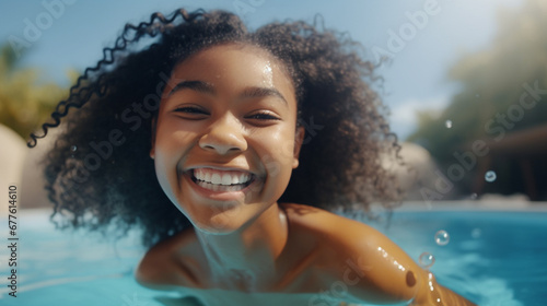 teenager multiracial, girl swimming, 18 or 20s, fictional location, african american
