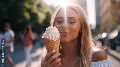 blonde woman enjoys vanilla ice cream on a city street