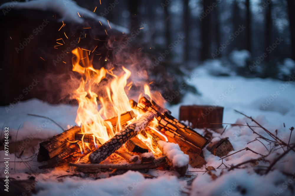 Forest bonfire on winter time. Having fun at a camp site with family and friends. Fun activities in winter. Forest bonfire on winter time. Having fun at a camp site with family and friends. Fun activities in winter.