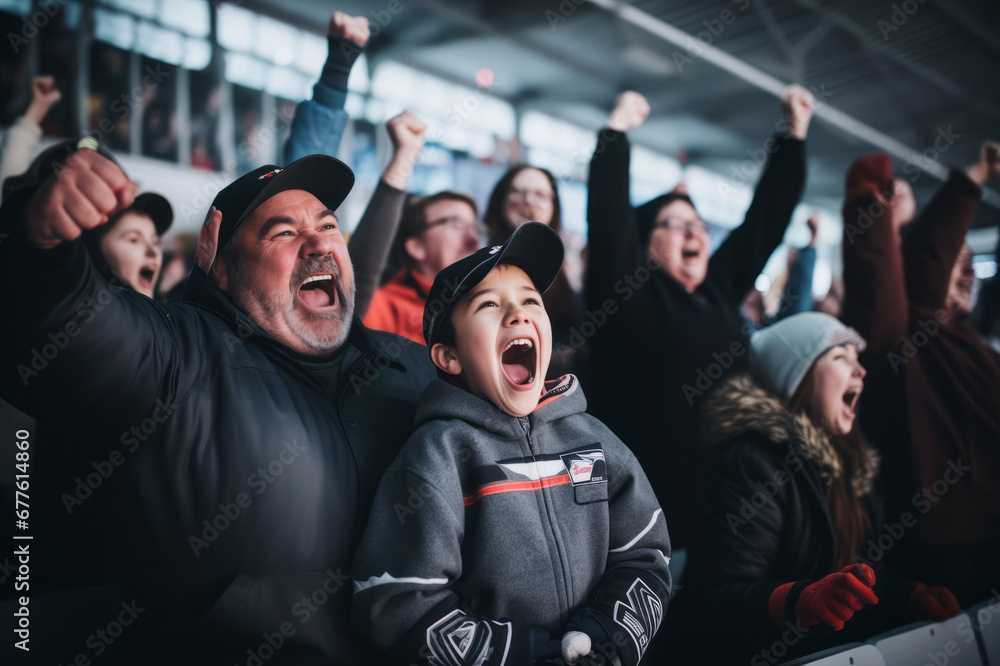 Excited parents and kids celebrating the victory of their team. Sports