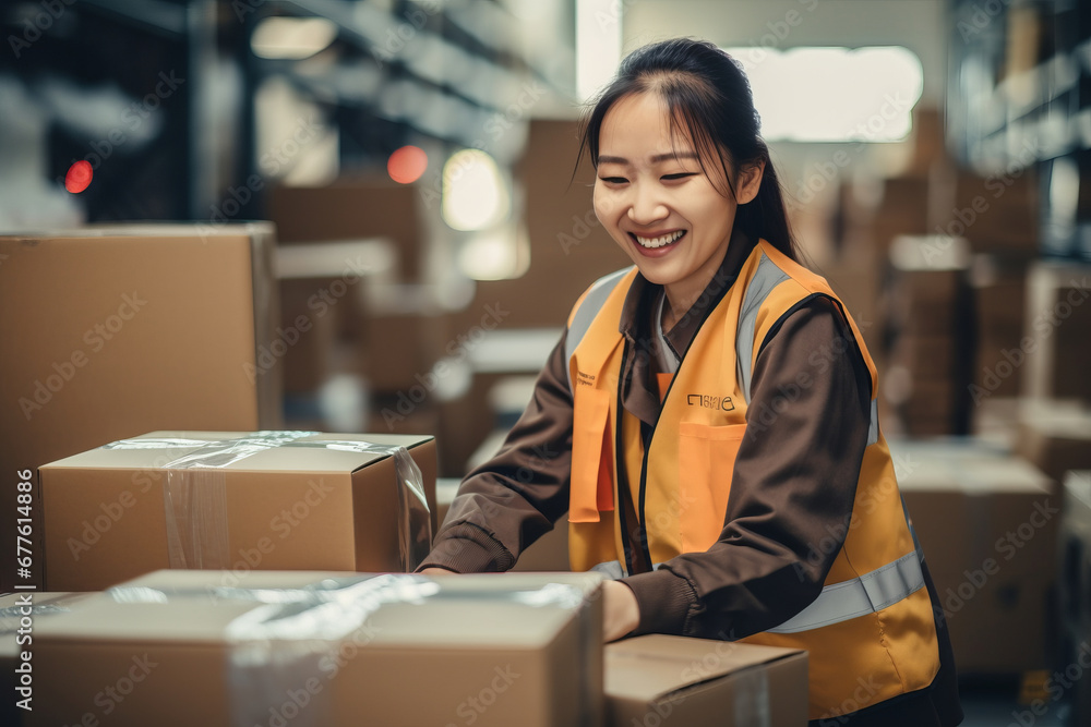 Young beautiful woman taping a cardboard box for delivery. Warehouse order picker packing and sealing cardboard box with tape for dispatch. Young beautiful woman taping a cardboard box for delivery. Warehouse order picker packing and sealing cardboard box with tape for dispatch.
