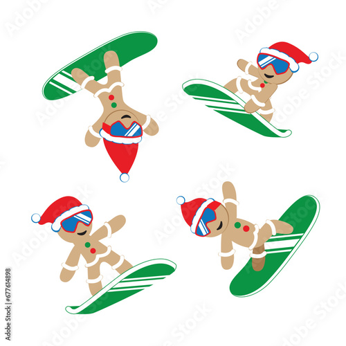 Cartoon Cookies snowboarding in ski goggles and Santa Claus hat. Christmas set. Vector illustration.