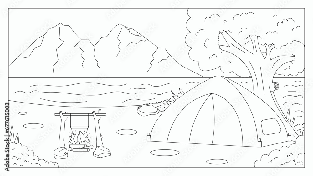 Naklejka premium Tent on the River Bank Coloring Page Illustration For Kid