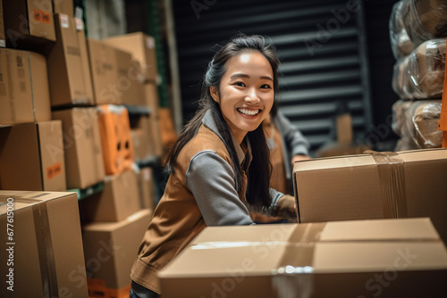 Young beautiful woman taping a cardboard box for delivery. Warehouse order picker packing and sealing cardboard box with tape for dispatch. photo