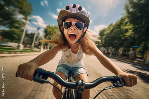 Fototapeta Cute teenage girl riding a bicycle in summer park. Cheerful teenager having fun on a bike on sunny evening.