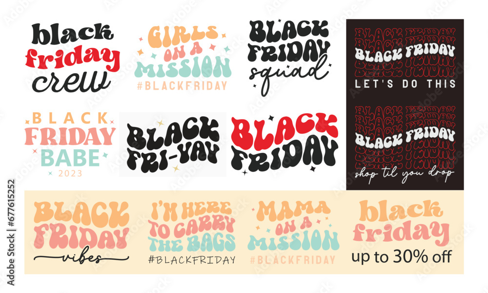 Black Friday Funny sayings set or collection retro wavy designs bundle on white background