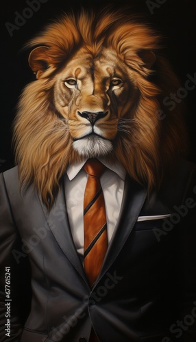 Fashionable antropomorphic portrait of lion. Lion in business suit. Dark background.