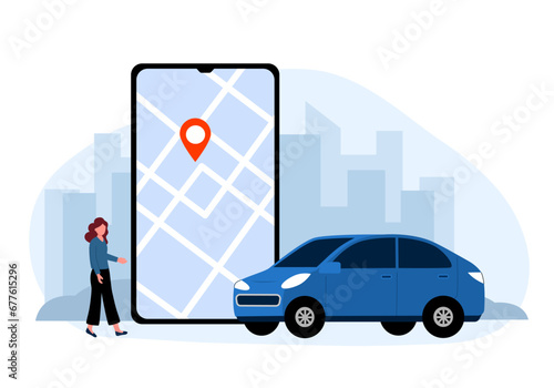 Online car rental service concept. online car sharing service controlled via smartphone app. Phone with location mark and smart car with modern city skyline.