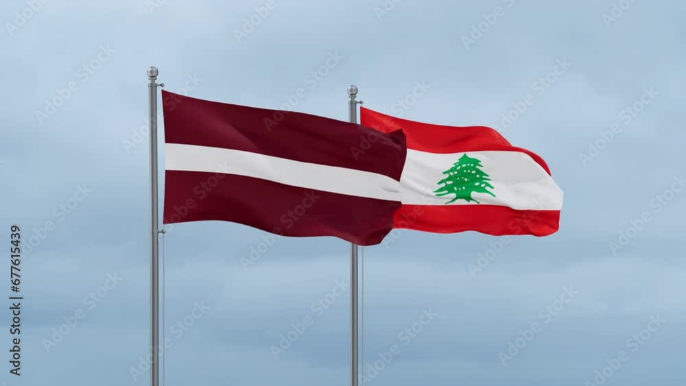 Lebanon flag and Latvia flag waving together on cloudy sky, endless seamless loop, two country relations concept Lebanon flag and Latvia flag waving together on cloudy sky, endless seamless loop, two country relations concept