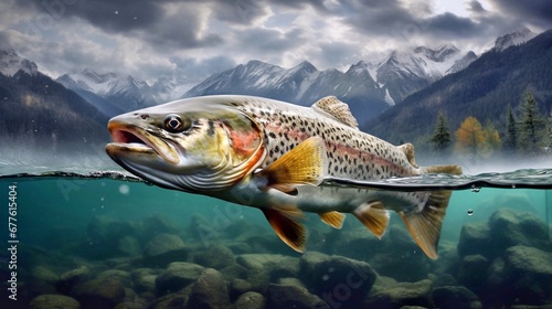 Rainbow trout swimming in a lake with mountains in the background.