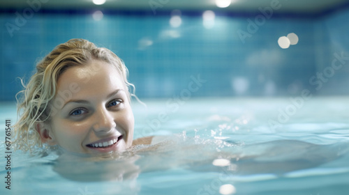 young adult woman swimming in swimming pool, happy smiling and fun, good day, vacations. fictional location