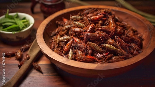 Fried crickets in a wooden bowl on a wooden table. Exotic food. Street food