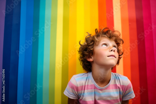 A child standing on front of rainbow colored wall. Child mental health concept. ASD, autism spectrum disorder awareness concept. Asperger's syndrome, early intervention.