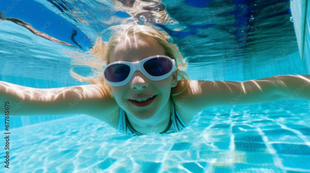 Naklejka premium young child kid girl teenager diving swimming under water in a swimming pool