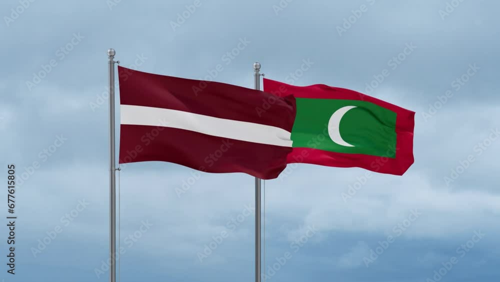 Maldives flag and Latvia flag waving together on cloudy sky, endless seamless loop, two country relations concept Maldives flag and Latvia flag waving together on cloudy sky, endless seamless loop, two country relations concept