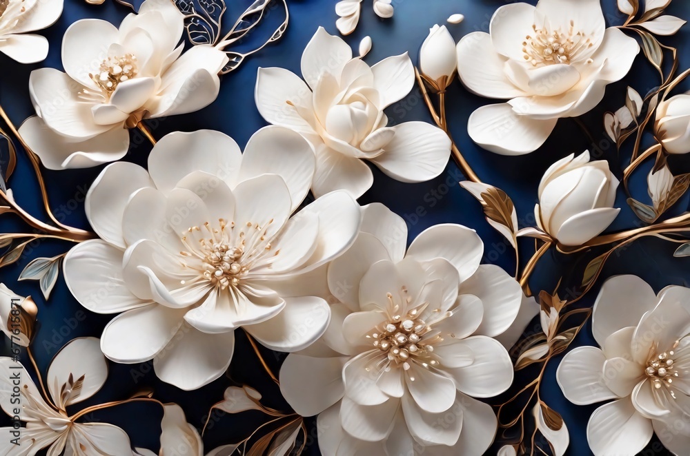 Ethereal White Flowers on Blue Background