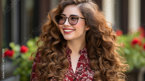 Curly-haired woman in red s...