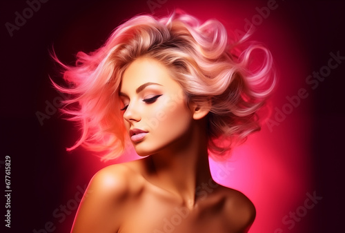 A stunning blonde with flowing hair surrounded by a captivating magenta glow.