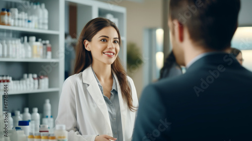 Pharmaceutical sales representative talking to pharmacist photo